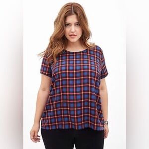 EUC Retro Preppy MOD Forever 21 Blue Tartan Plaid Woven Zipper Back Tee XL